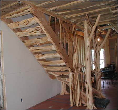 Staircase made with Mountain Cedar Posts and slabs by Mueller Sawmill, Stacy Mueller